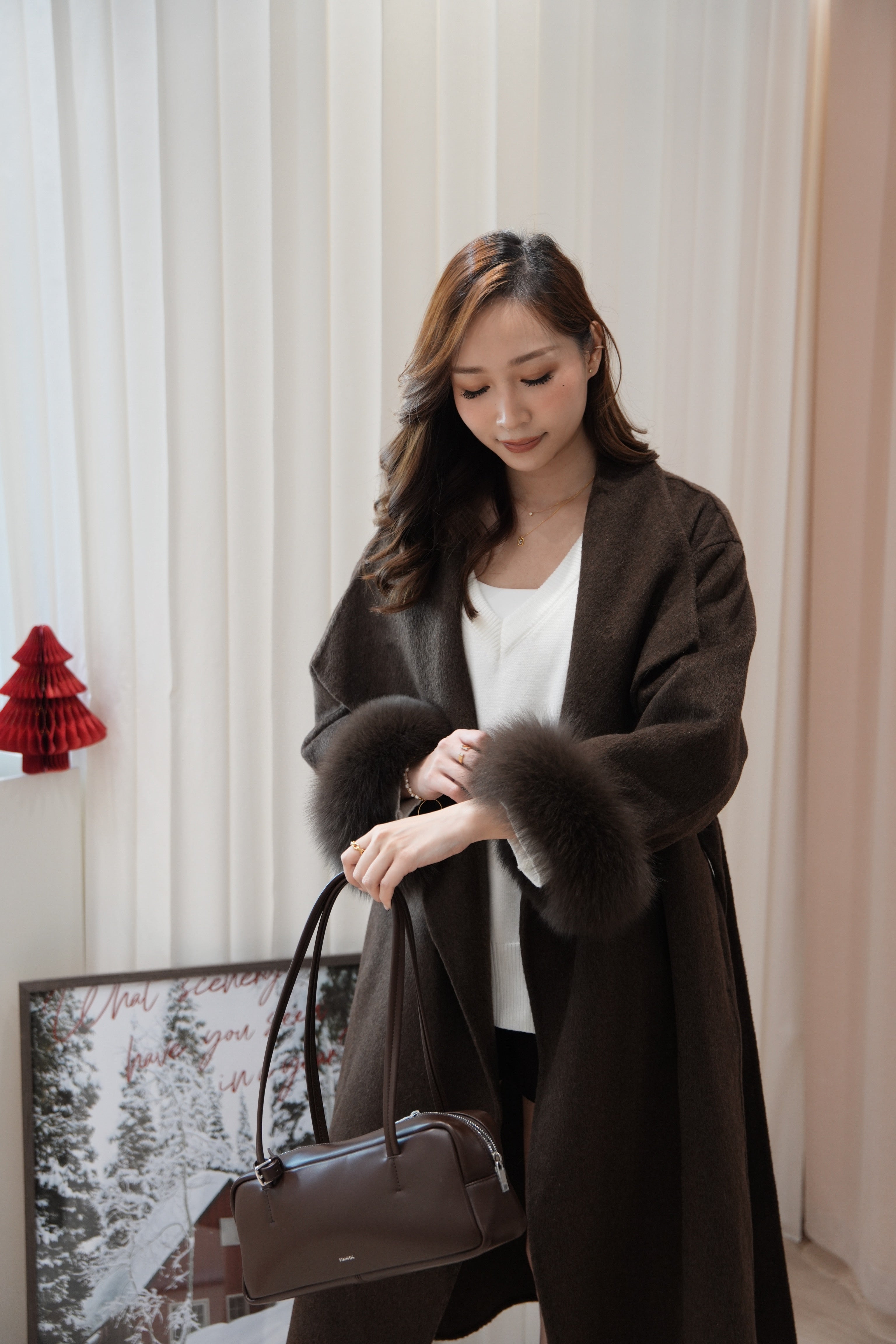 【Premium Made】Brown Luxe Wool Coat with Fox Fur