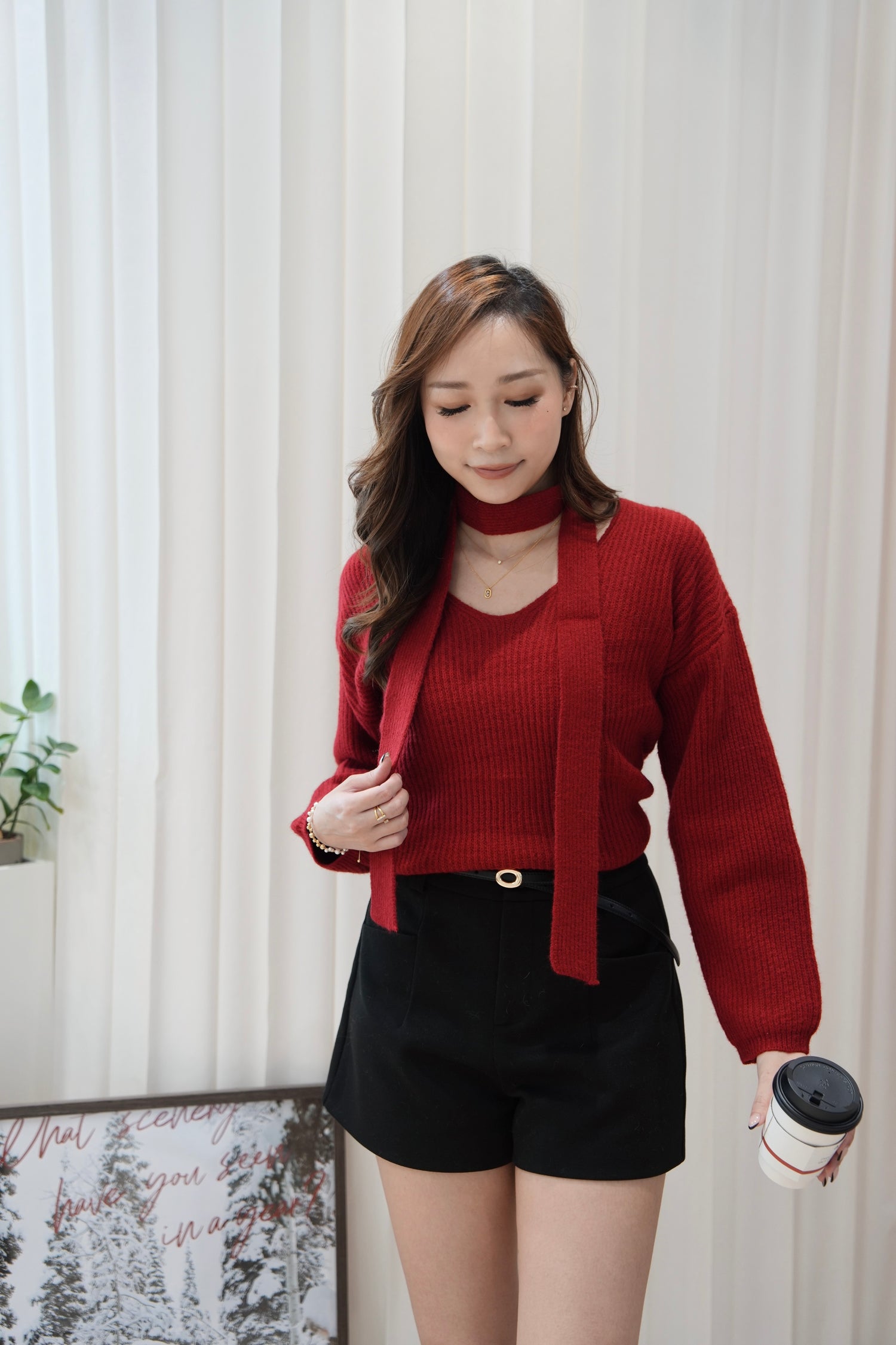 Scarlet Knit Top with Skinny Scarf