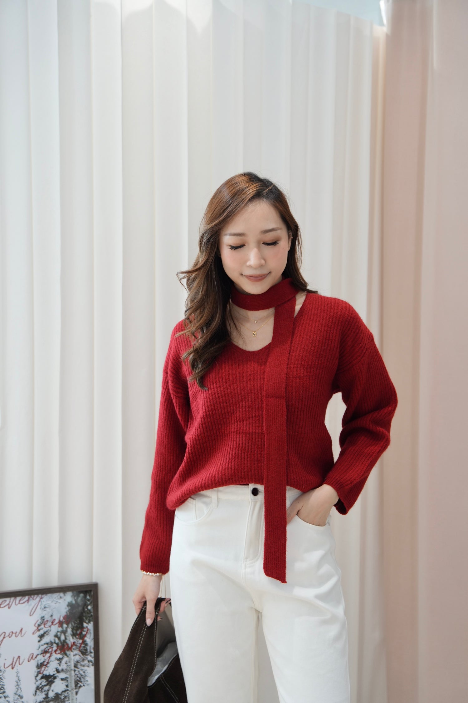 Scarlet Knit Top with Skinny Scarf